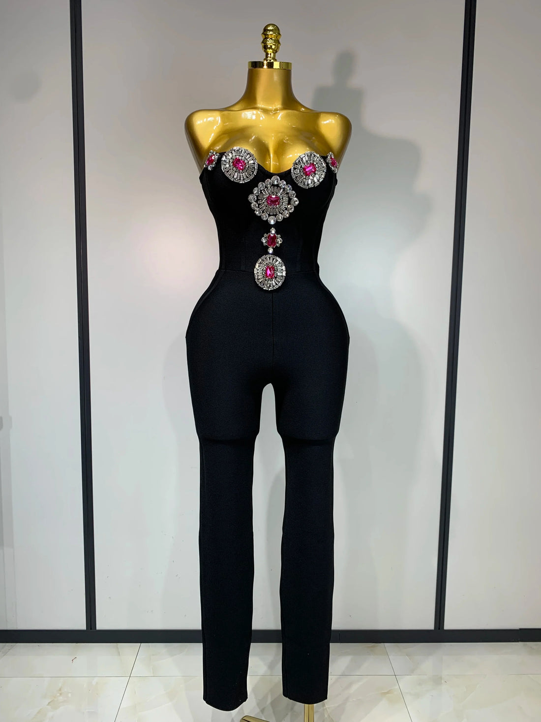 Fashion Celebrate Sparkly Rhinestone Women Sexy Strapless Bodycon Bandage Jumpsuit Runway Nightclub Party Luxury Birthday Outfit black
