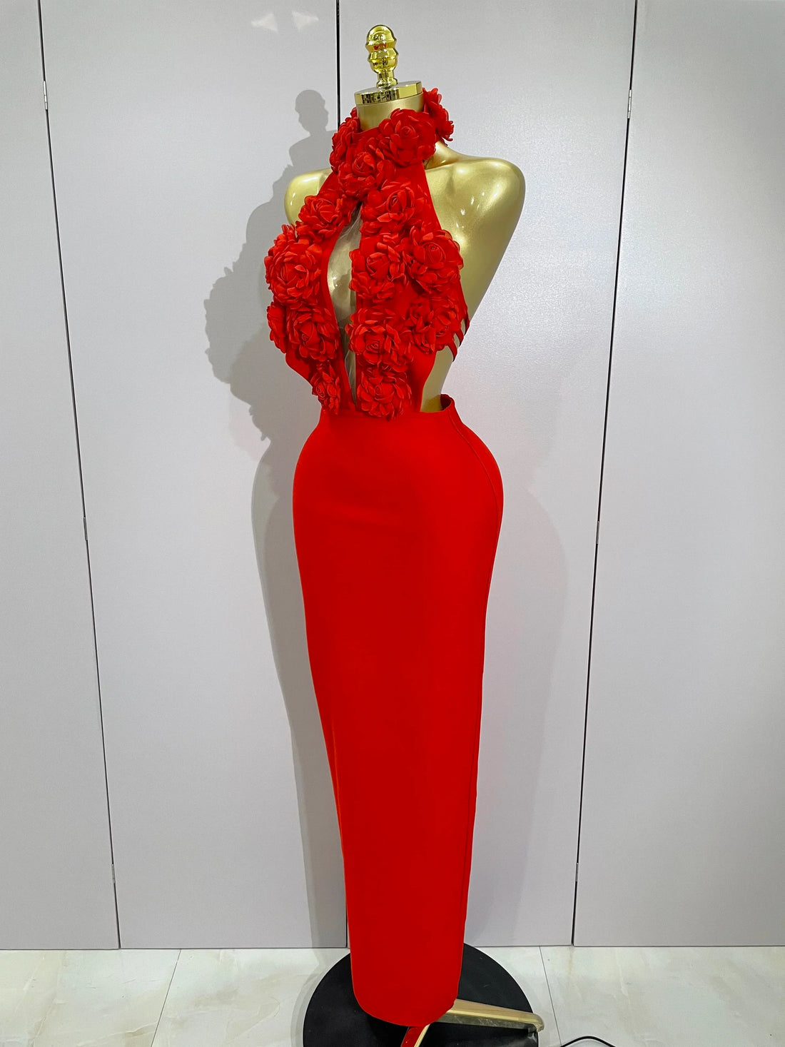 Women Celebrity Sexy Halter Backless Flower Long Bandage Bodycon Dress Luxury Birthday Dress Elegant Evening Party Outfit Red