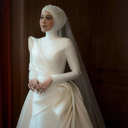 Gaun Perkahwinan Muslim Satin Anggap Dilipat Mermaid Bridal Gowns Ivory Arabic Dubai Womens Church Vestidos de Noiva
