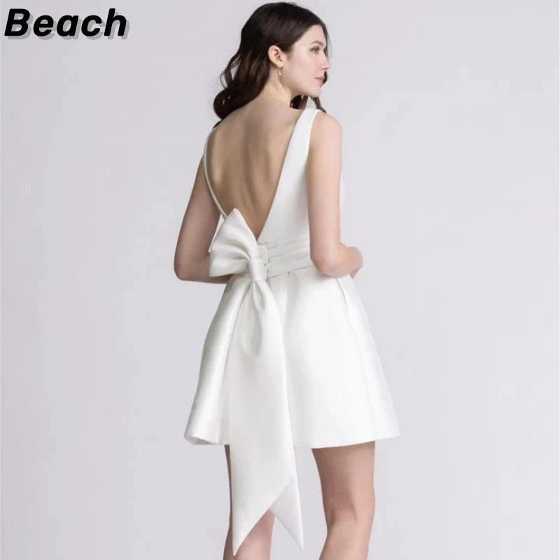 Beach Mini Short Wedding Dresses White Simple Scoop Neck Satin Sleeveless Bridal Bride Gowns V Back With Bow Vestido De Noiva Cu