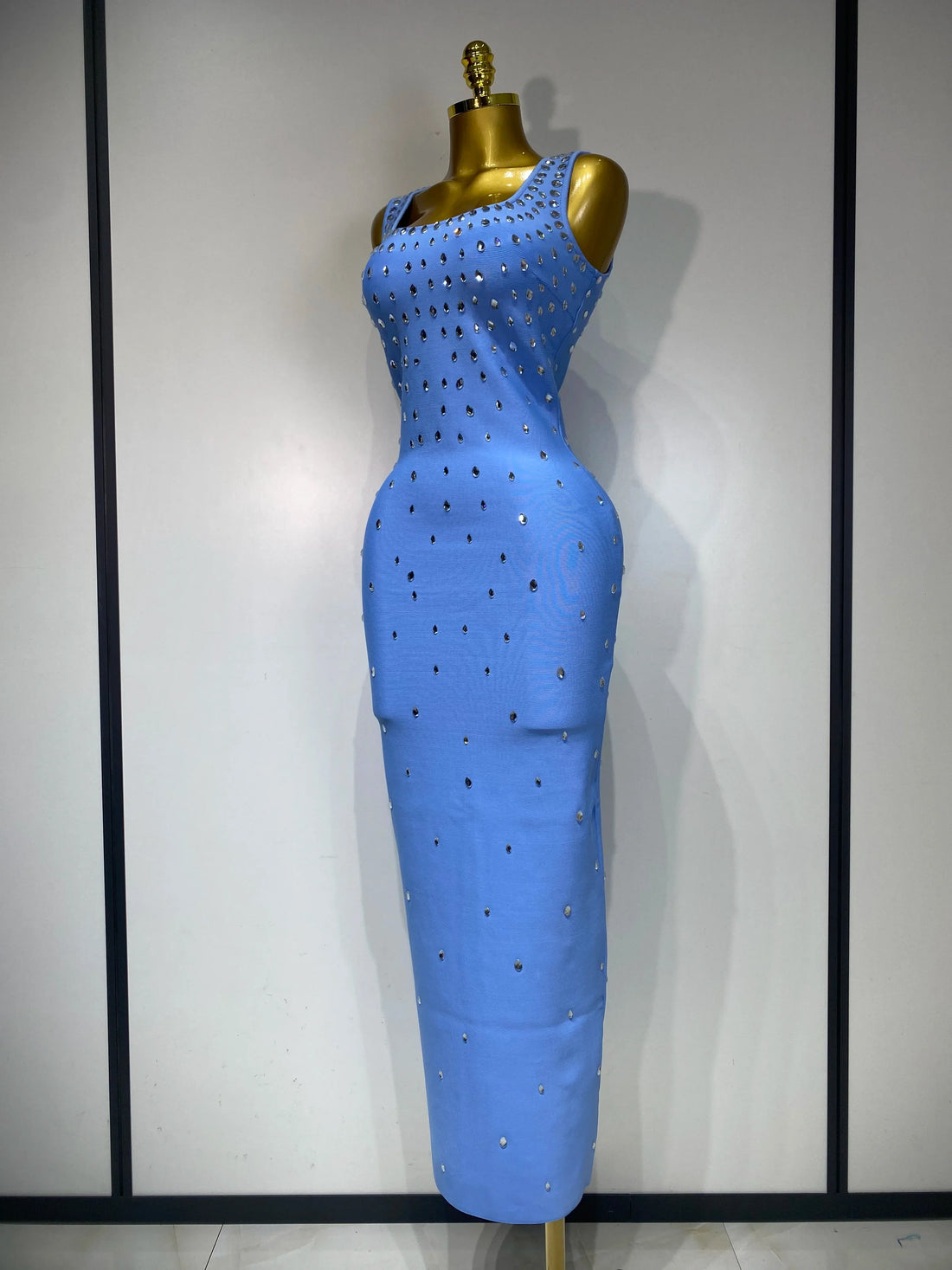Women Sparkly Rhinestone Bandage Long Dress Elastic Sleeveless Bodycon High Street Evening Club Party Elegant Birthday Gowns SKY BLUE