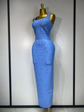 Women Sparkly Rhinestone Bandage Long Dress Elastic Sleeveless Bodycon High Street Evening Club Party Elegant Birthday Gowns