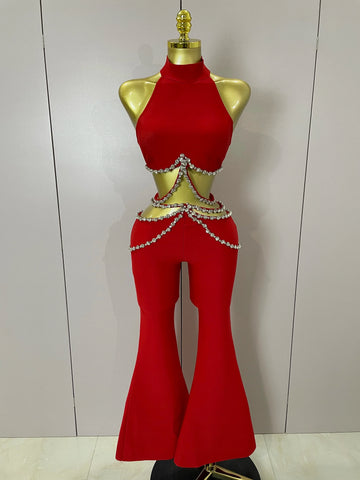 Luxury Rhinestone Red Sexy Cut Out Two Piece Pants Bandage Set Women Celebrity Designer Fashion Women's Set Stage Outfit Red