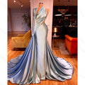 Elegant One Shoulder Ruffles Evening Dresses With Long Train Satin Plus Size Women Custom Made Beaded Prom Gowns Blue