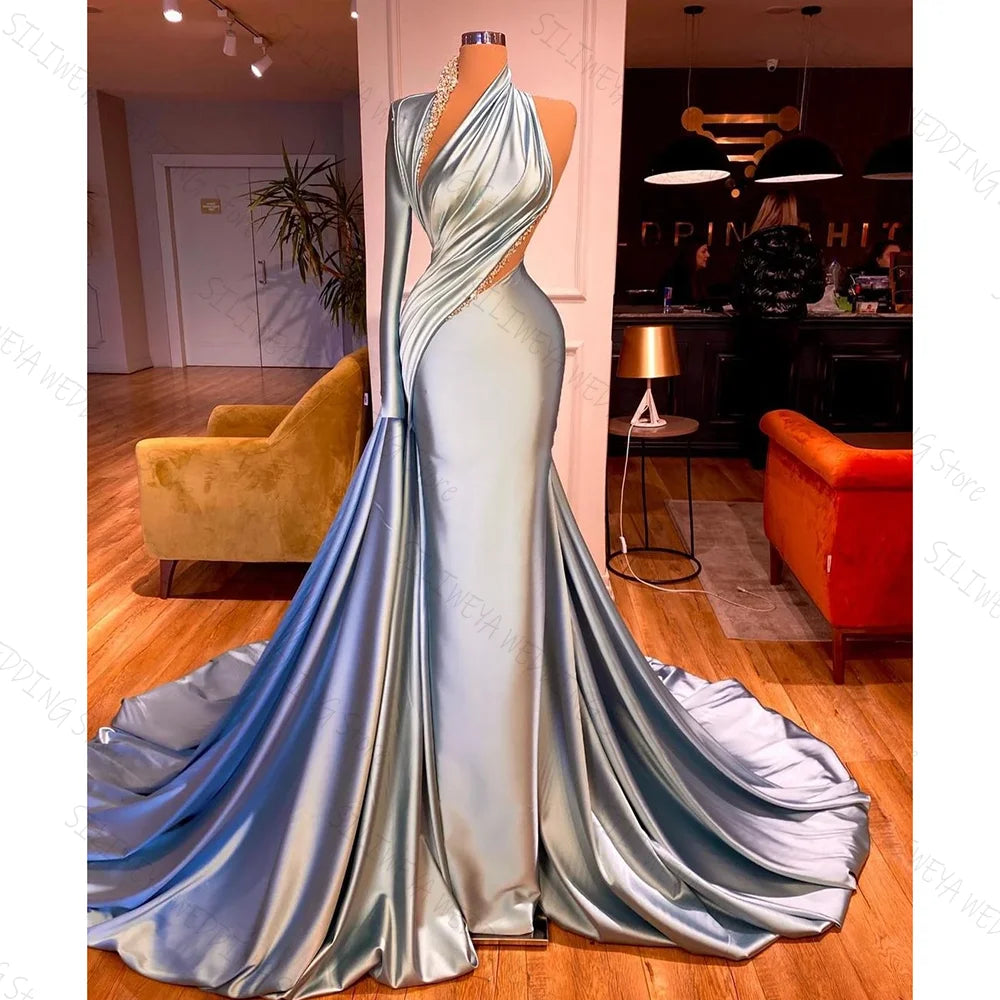 Elegant One Shoulder Ruffles Evening Dresses With Long Train Satin Plus Size Women Custom Made Beaded Prom Gowns Blue