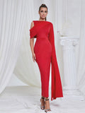 Chic and Elegant Women's Red Dress O-neck Single Shoulder Oversized Trumpet Sleeve Bodycon Long Dress Evening Party Vestido