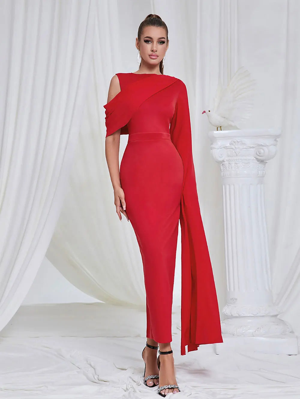 Chic and Elegant Women's Red Dress O-neck Single Shoulder Oversized Trumpet Sleeve Bodycon Long Dress Evening Party Vestido