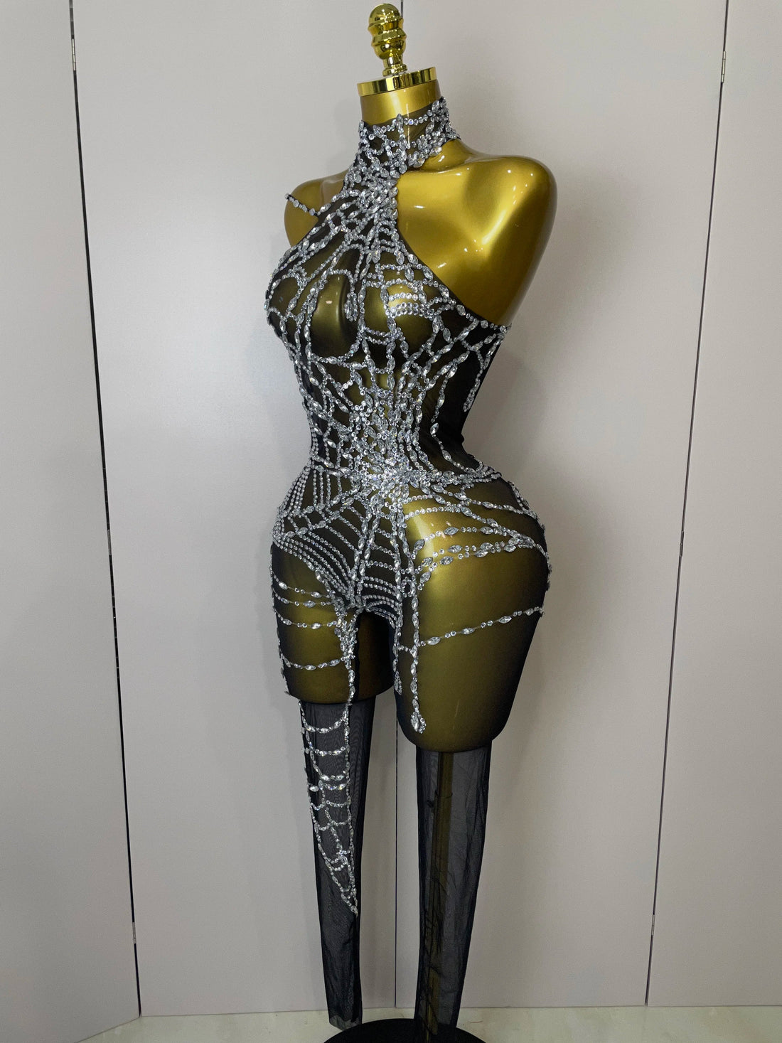 Women Sparkly Diamond Sexy Mesh Jumpsuit Nightclub Bar Party Show Gogo Dancer Clothing Drag Queen Outfit Stage Costume black