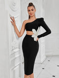 Elegant Women Bandage Dress Luxury Pearls Evening Hollow Out Sexy Dresses Celebrity Night Club Cocktail Party Cloth One Shoulder black