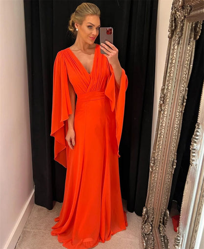 Elegante فساتين مناسبة رسمية vestido De fiesta De gasa De seda Vestidos De fiesta con manga capa naranja claro Vestidos De Noche