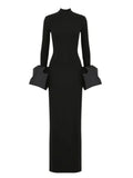 Elegant Women's Black Maxi Dress Stand up Neck Flare Sleeves Bodycon Bandage Long Dresses Cocktail Evening Party Vestidos
