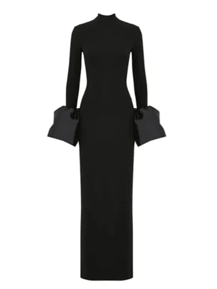Elegant Women's Black Maxi Dress Stand up Neck Flare Sleeves Bodycon Bandage Long Dresses Cocktail Evening Party Vestidos
