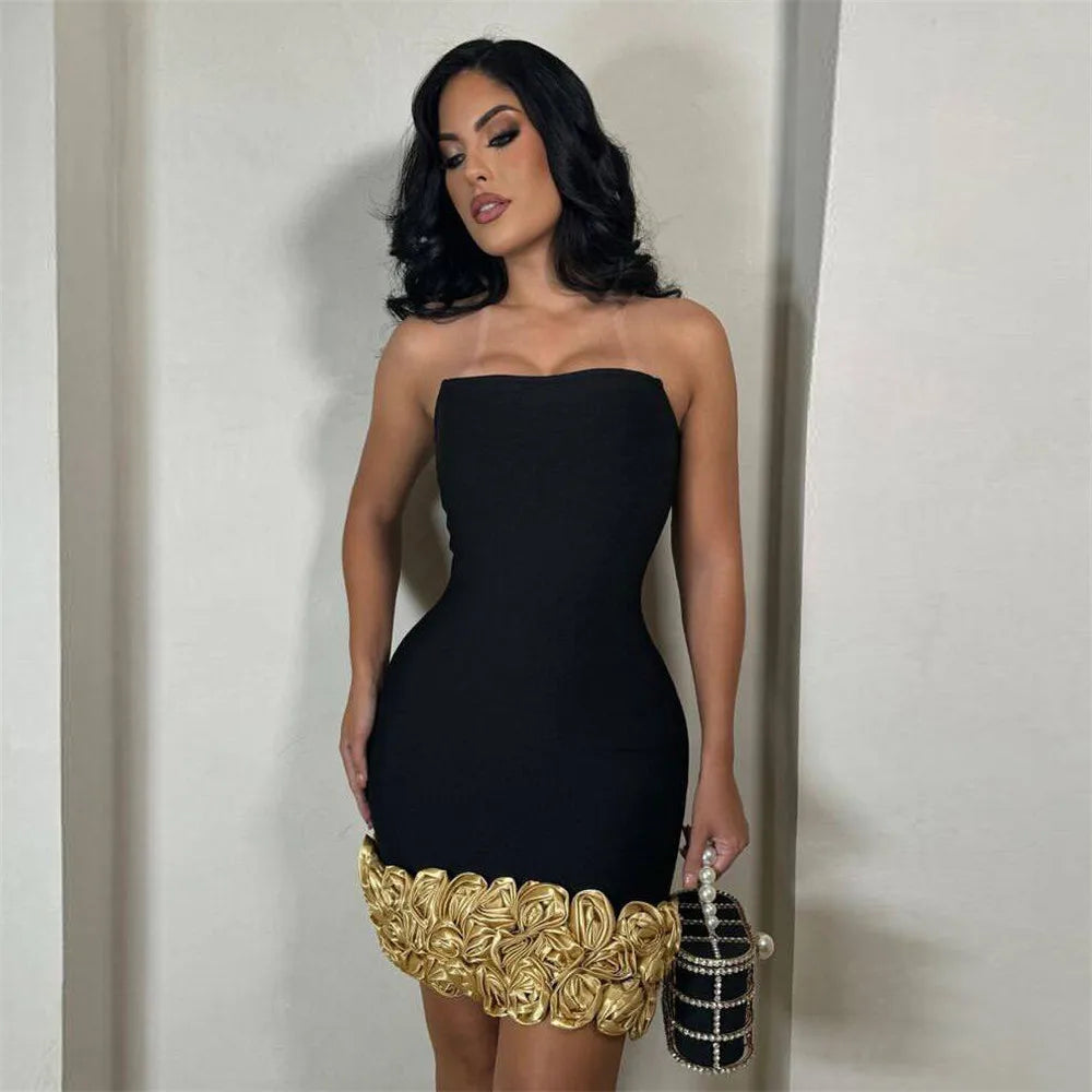 Golden Flowers Strapless Black Bandage Mini Dress Graceful Woman Evening Party Dress Celebrity Birthday Outfit