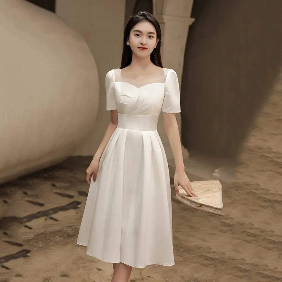 White Satin Bride Wedding Dress Elegant Slim Evening Prom Dresses for Women Summer A-LINE Wedding Photos Formal Party vestidos 1