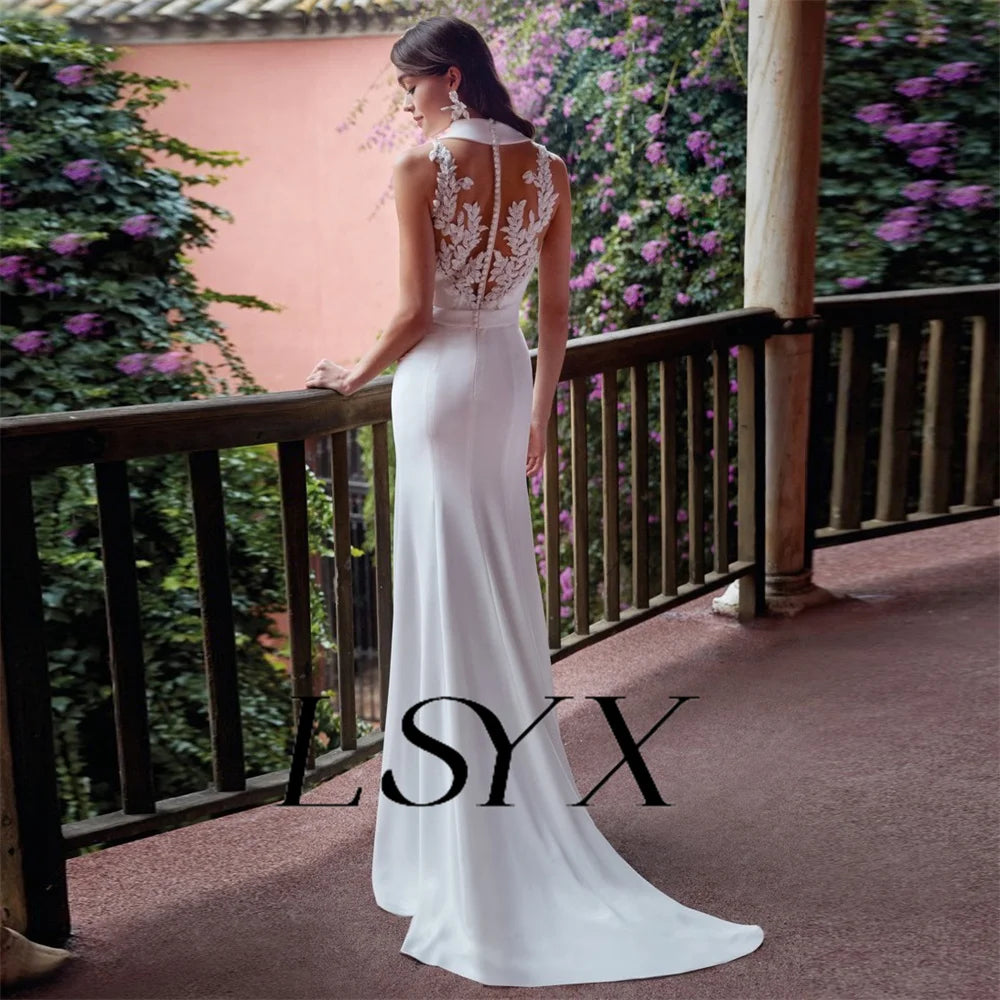 Deep V-Neck Sleeveless Lace Mermaid Wedding Dress High Slit Illusion Button Back Bow Floor Length Bridal Gown Custom Made