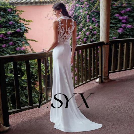 Gaun pengantin putri duyung renda-renda-lace-veless dalam kancing celah tinggi kancing busur panjang lantai gaun pengantin dibuat khusus