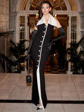 Formal Pearl Button Pleat A-line Black Midi Dress Color Contrasting Turndown Collar Single Breasted Party Evening Gowns