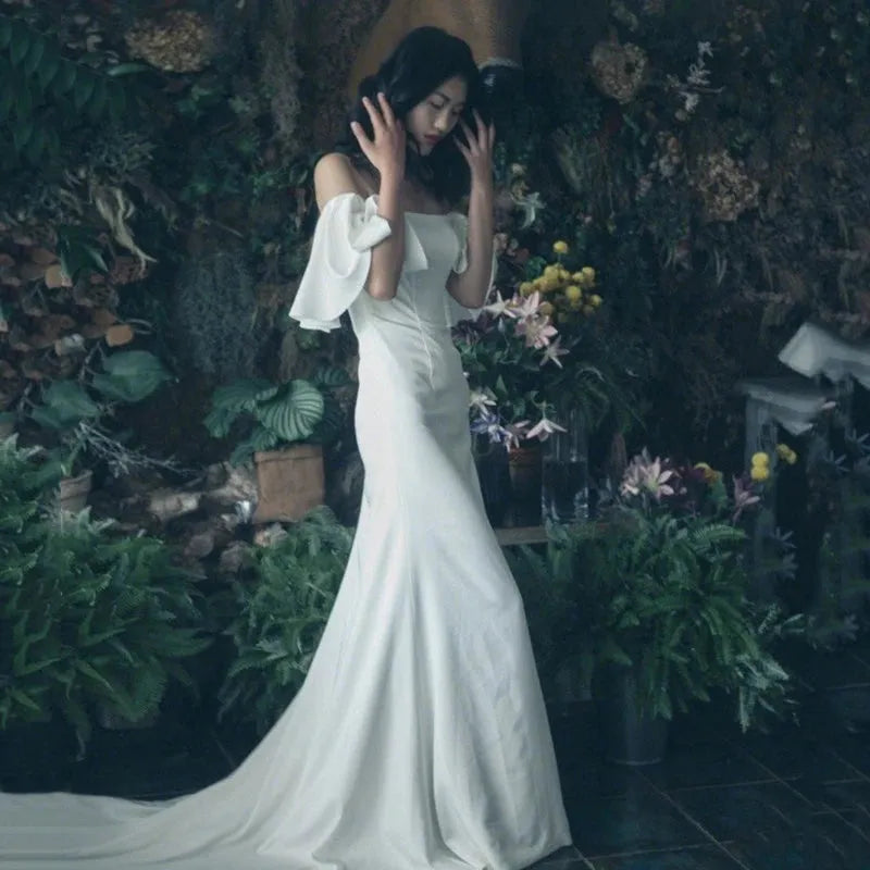 French White Trailing Bride Wedding Photo Dress Elegant Sexy Off Shoulder Ruffles Sleeve Long Prom Evening Mermaid Party vestido