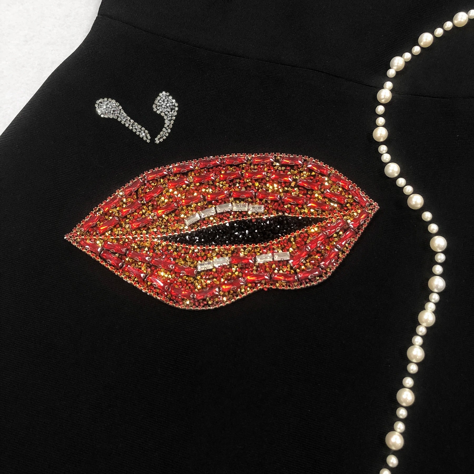 Big Eyes And Red Lips Patterned Diamonds High Slit Black Long Dress Woman Birthday Party Vestido Celebrity Party Outfit