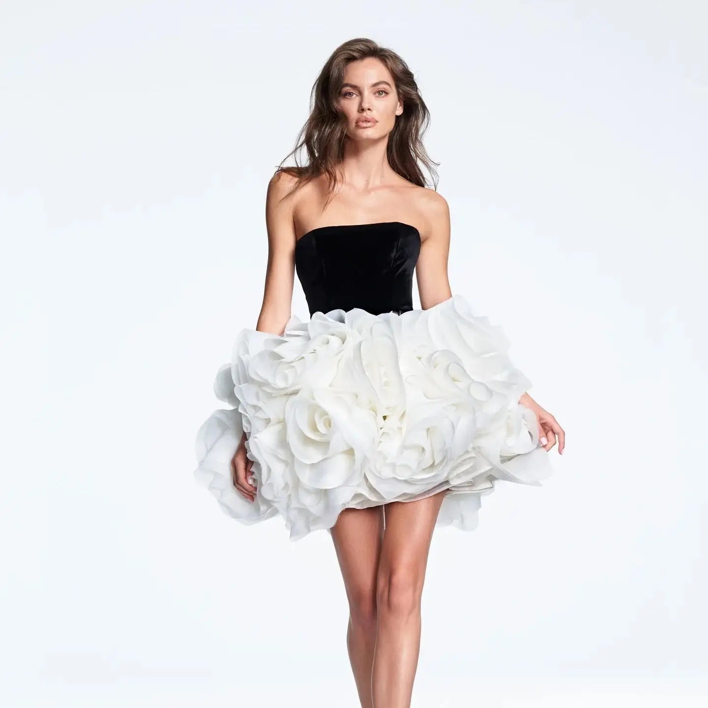 White Falbala Strapless Puffy Mini Dress Sweet Woman Birthday Party Vestido Stage Performance Costume black