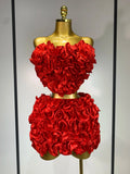 Women Sexy Strapless Red flower Top With Mini Skirt Bodycon Bandage Suit Celebrity Party Cocktail Birthday Two Pieces Set Red