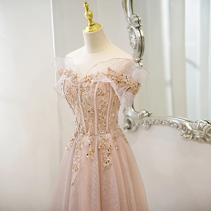 Luxury French Pink Strap Boatneck Bride Wedding Dress Sexy Off Shoulder Ball Gown Wedding Evening Prom Women Dresses