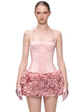 Dreamy Adorable Pastel Pink Two-Piece Set Dress Halter Corset Top and Ruffled Mini Skirt for Trendy Occasions Evening Gown