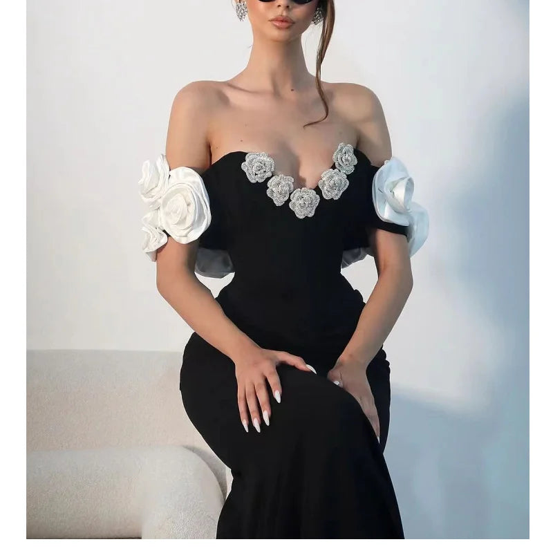 Stereoscopic Diamond Flowers Sexy Off The Shoulder Ankle Lenght Bandage Dress Woman Birthday Party Vestido Wedding Party Outfit