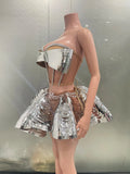 Sliver Mirror Surface Woman Set Stereoscopic Bows Strapless Tops And UFO Mini Skirt 2 Pieces Party Outfit Performance costume