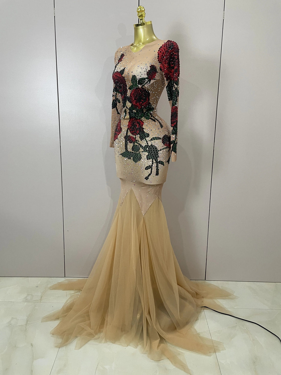 Sexy Shiny Rhinestone Rose Floral Floor-Length Dress Evening Women Eveing Celebrate Birthday Party Nightclub Performance Costume MULTI