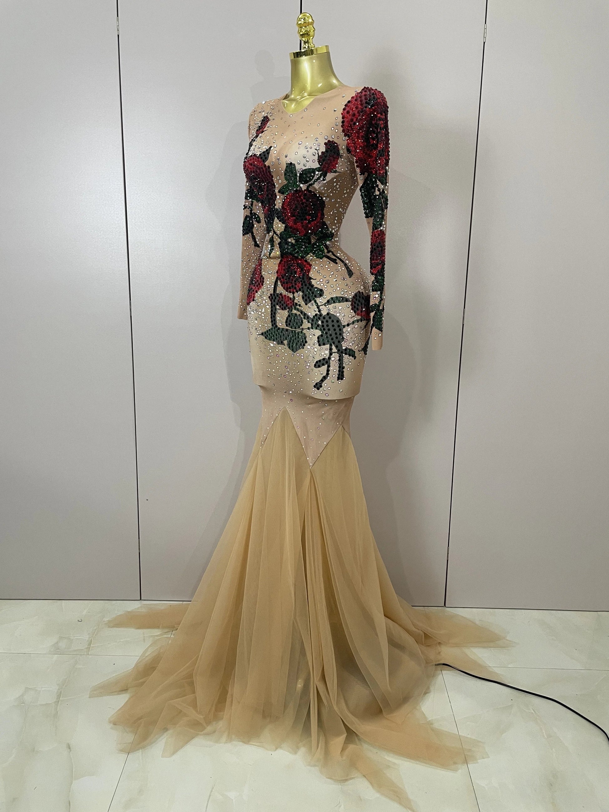 Sexy Shiny Rhinestone Rose Floral Floor-Length Dress Evening Women Eveing Celebrate Birthday Party Nightclub Performance Costume