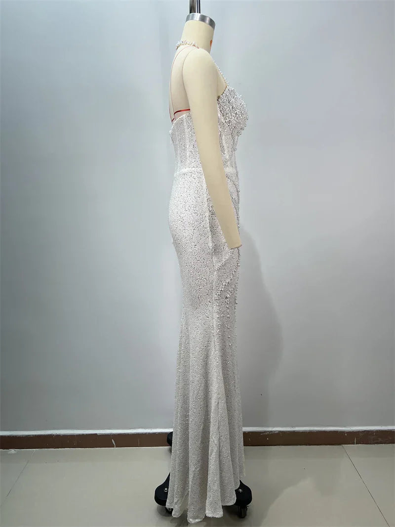 Pink Sequins Sexy High Slit Strapless Long Dress Graceful Woman Wedding Party Dress Red Carpet Goddess Vestido