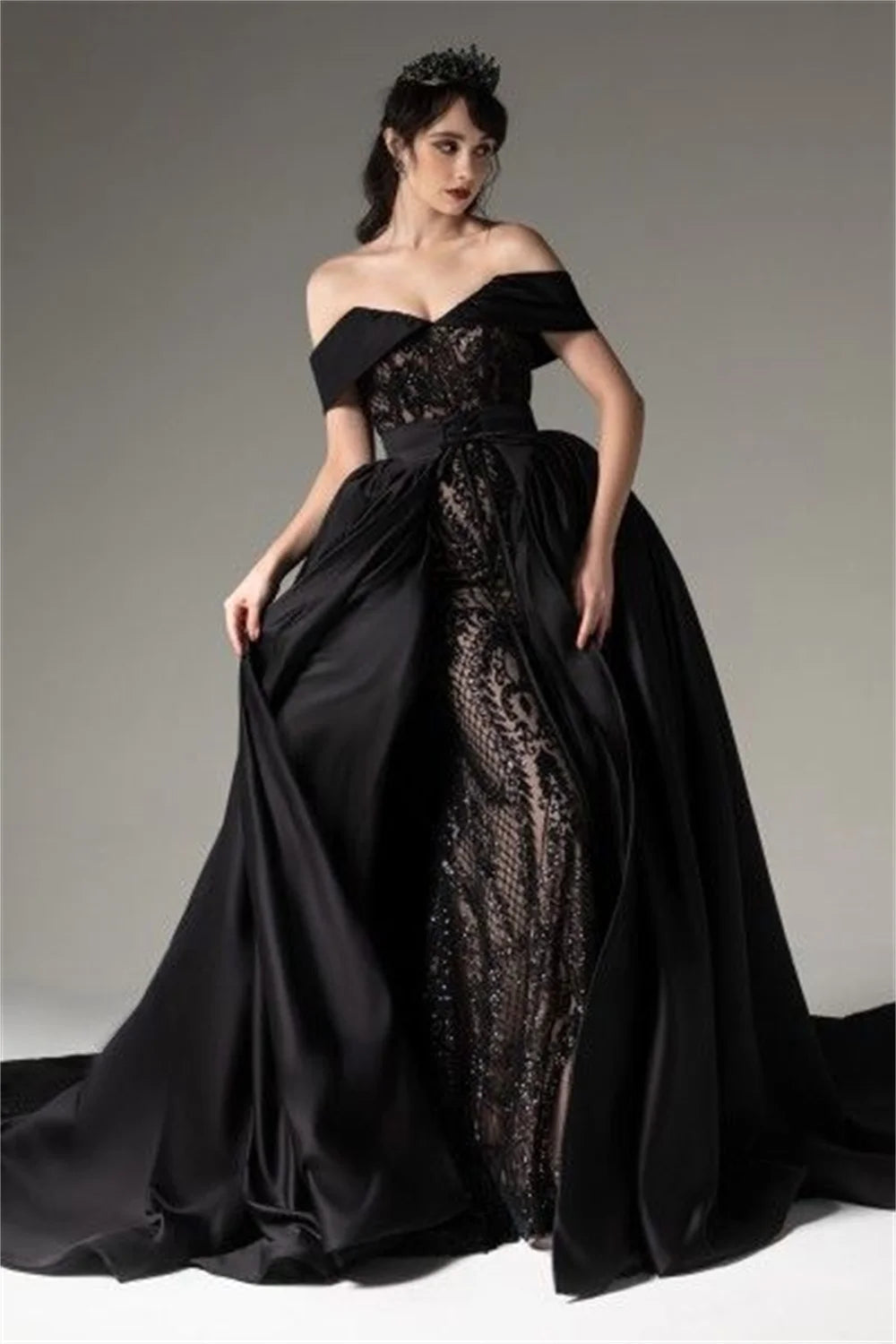 Luxury Black Off Shoulder Ball Gown Prom Dress Heart Shaped Neckline فستان حفلات الزفاف Sexy Side High Split Wedding Dress