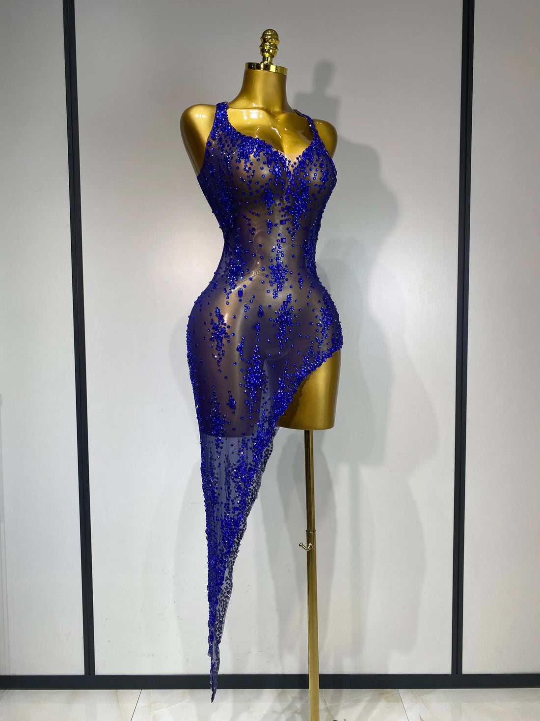 Women Sexy Luxury Birthday Prom Gowns Sparkly Diamond See Through Mesh Stretch Asymmetrical Dress Celebrity Elegant Stage Outfit Blue