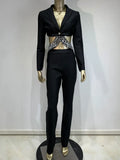 Women Bandage Long Pants Set With Lapel Long Sleeved Nail Bead Design Backless Sexy Ultra Short Jacket+Pants Two-Piece Set black