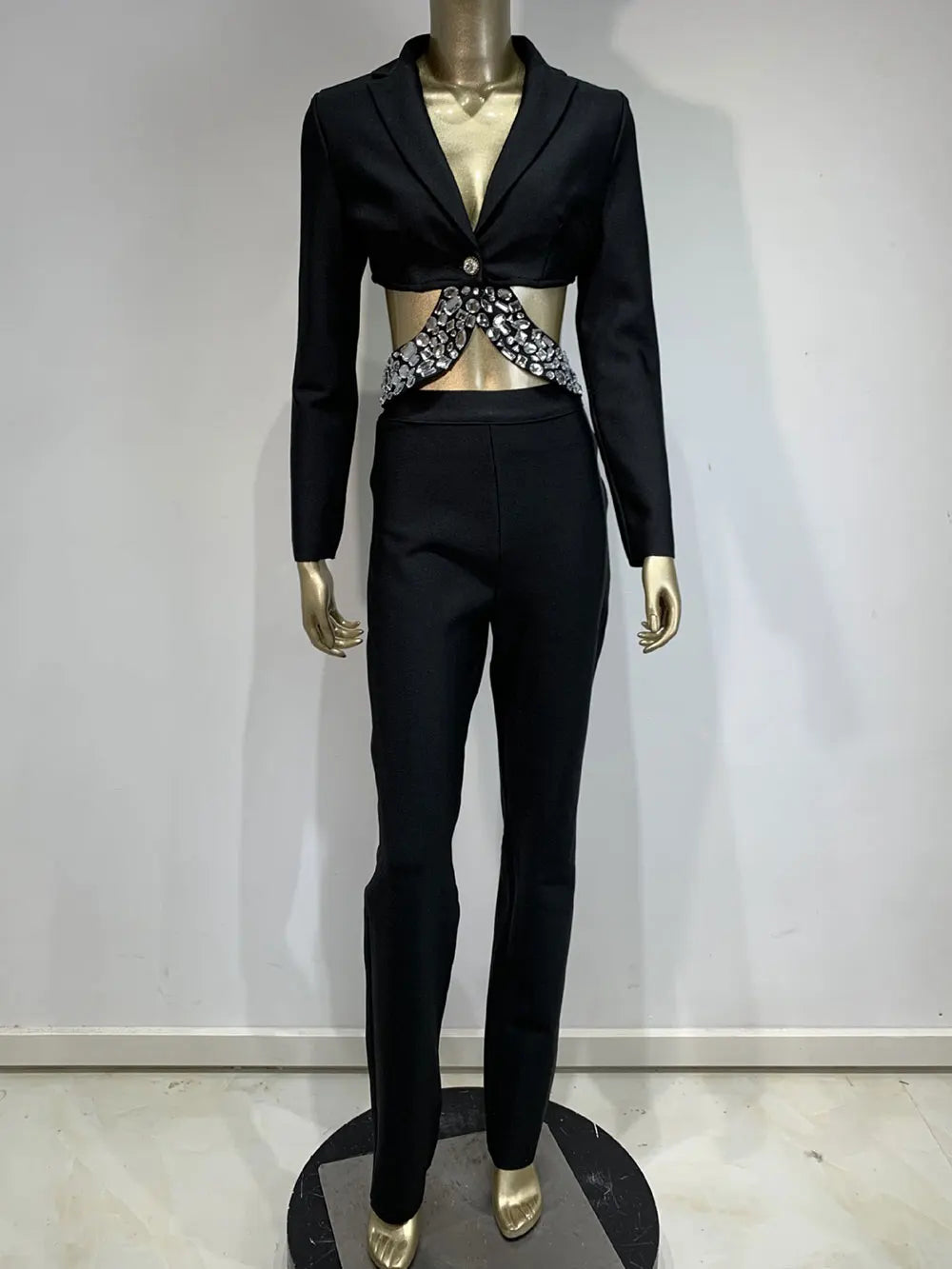 Women Bandage Long Pants Set With Lapel Long Sleeved Nail Bead Design Backless Sexy Ultra Short Jacket+Pants Two-Piece Set black