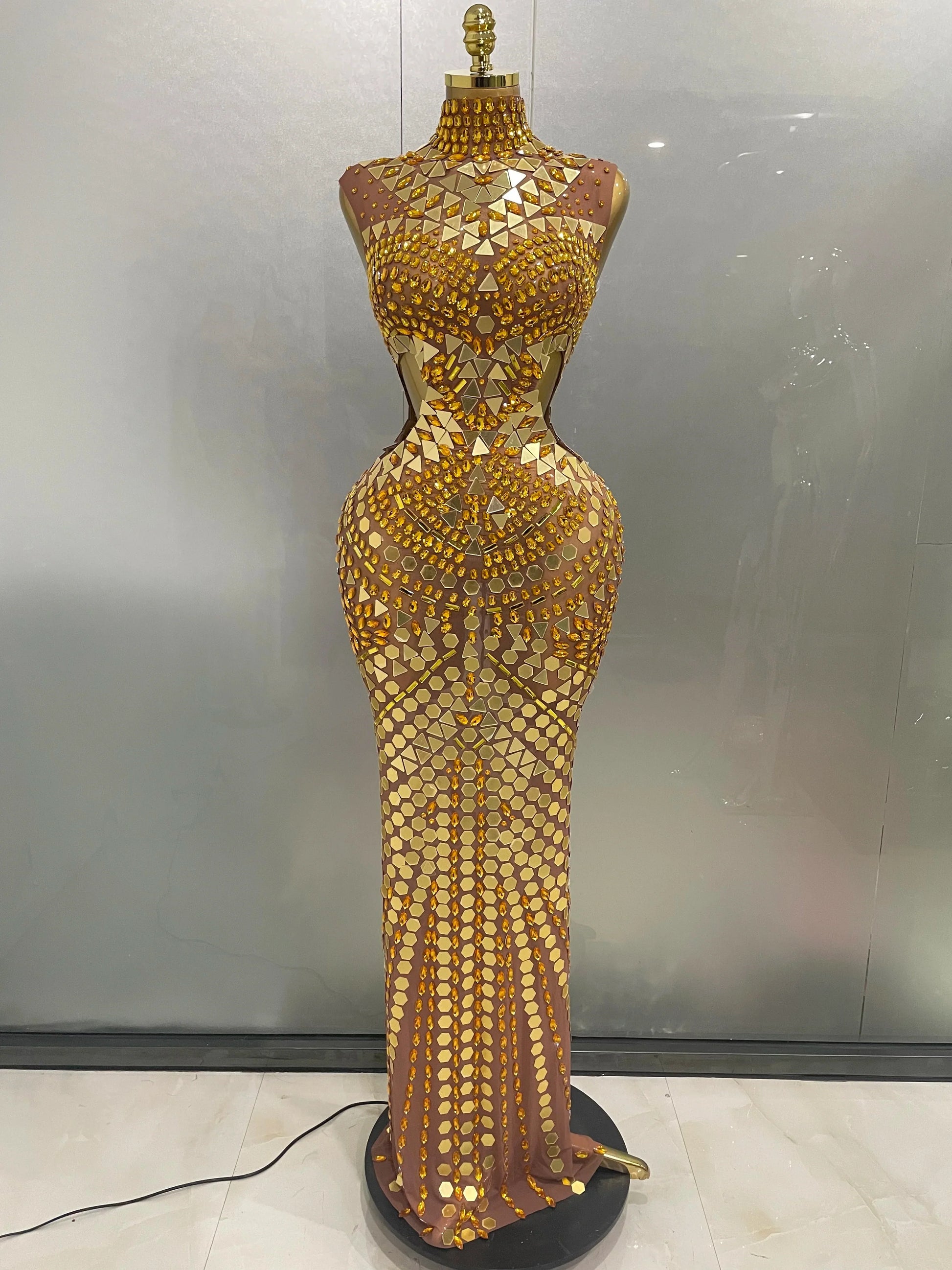 Luxury Shiny Mirror Rhinestones Hollowed-out Long Dress Women Celebrity Evening Party Catwalk Prom Stage Photo Shoot Dresses Gold