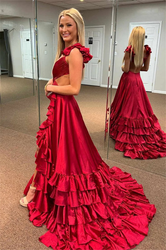 Vestidos de graduación con cuello en V, corte alto y bajo, raso con borde rizado, corte en A, elegante, sin mangas, largo hasta el suelo, moda de verano