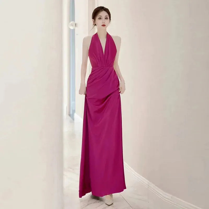 Luxury French Rose Red Satin Floor-length Bride Wedding Dress Sexy Halter Backless Gown Wedding Evening Prom Dresses for Women Rose red