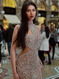 Pearls Sequins Cut Out Mermaid Long Dress Beaded Nude Mesh Patchwork High Side Split Prom Formal Occasions Evening Gown