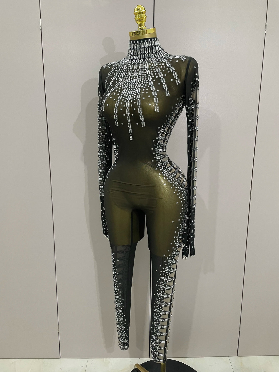 Sexy Sparkly Crystals Black Mesh Jumpsuit With Gloves Women Celebrate Birthday Party NightClub Singer Dance Stage Costumes black
