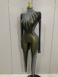 Sexy Sparkly Crystals Black Mesh Jumpsuit With Gloves Women Celebrate Birthday Party NightClub Singer Dance Stage Costumes