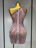 Women Sexy Mesh See Through Rhinestone Mini Dress Stage Dancer One Shoulder Stretch Night Club Party Birthday Dress Stage Outfit