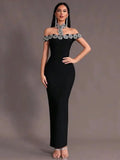 Sexy Women Light Luxury Nail Bead Bandage Dress Hanging Neck Shoulder Short Sleeve Bodycon Long Dress Evening Party Vestido