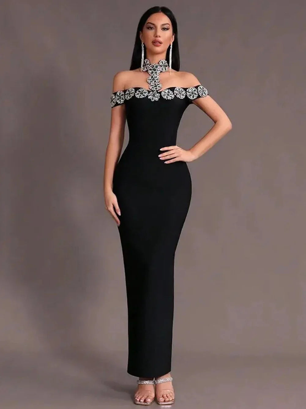 Sexy Women Light Luxury Nail Bead Bandage Dress Hanging Neck Shoulder Short Sleeve Bodycon Long Dress Evening Party Vestido