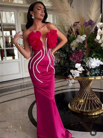 Summer Rose Red Stereoscopic Flowers Sparkling Diamonds Chain Ankle Lenght Bandage Dress Elegant Woman Evening Dress