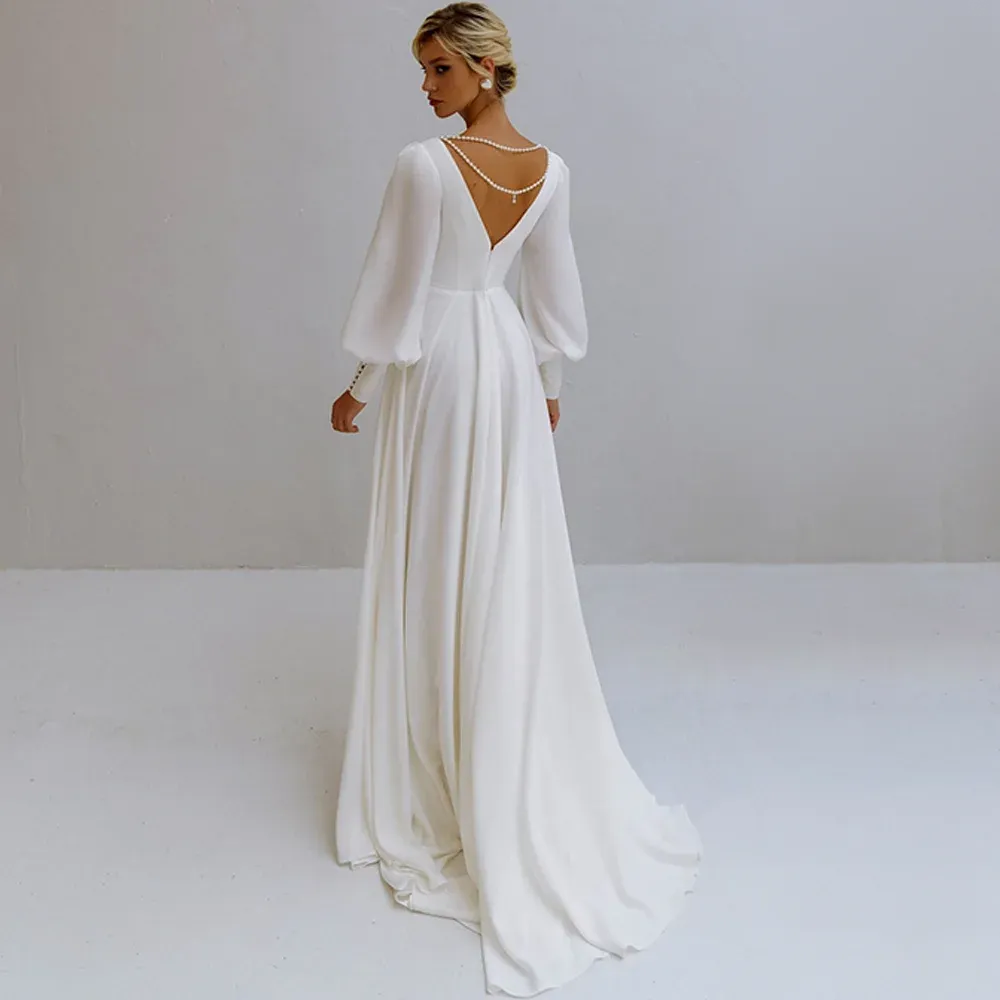 LoveDress V-Neck Wedding Dress Long Sleeve A-Line Pleats Pears Simple Chiffom Bride Gown Backless Zipper Train Vestido De Novia 14w