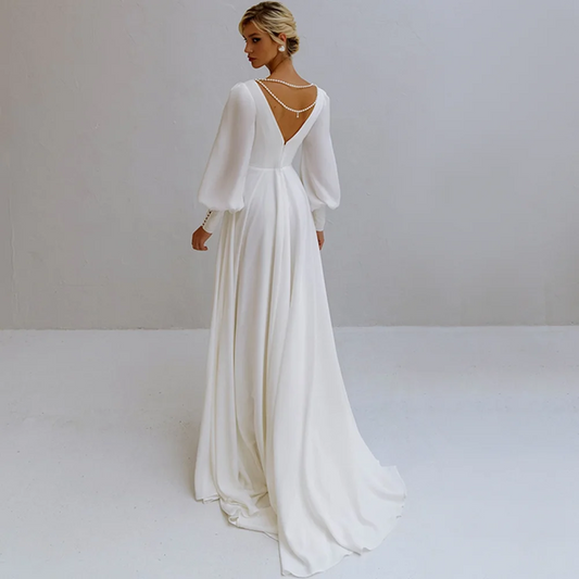 LoveDress V-Neck Wedding Dress Long Sleeve A-Line Pleats Pears Simple Chiffom Bride Gown Backless Zipper Train Vestido De Novia