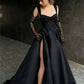 Black Lace Embroidery Prom Dresses A-line Satin فساتين السهرة  Elegant Illusion Gloves Floor-Length vestidos verano moda