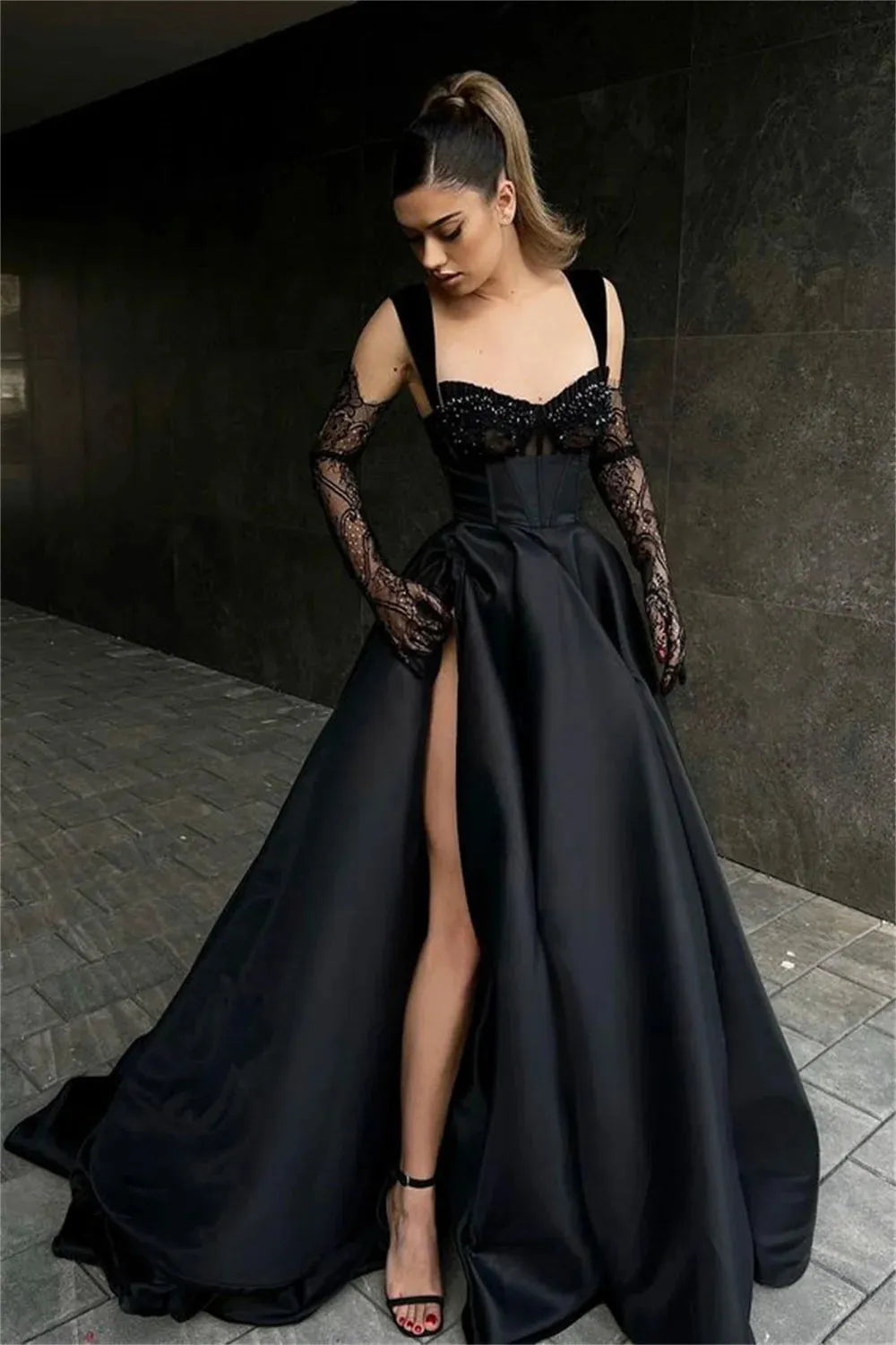 Black Lace Embroidery Prom Dresses A-line Satin فساتين السهرة Elegant Illusion Gloves Floor-Length vestidos verano moda as pic